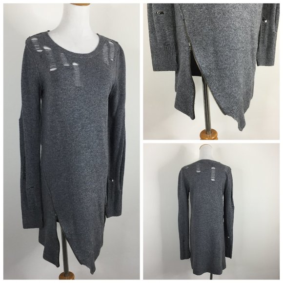 PAM & GELA Gray Wool Cashmere Knit Blend Distressed Asym Zip Hem Sweater Dress - Picture 1 of 10